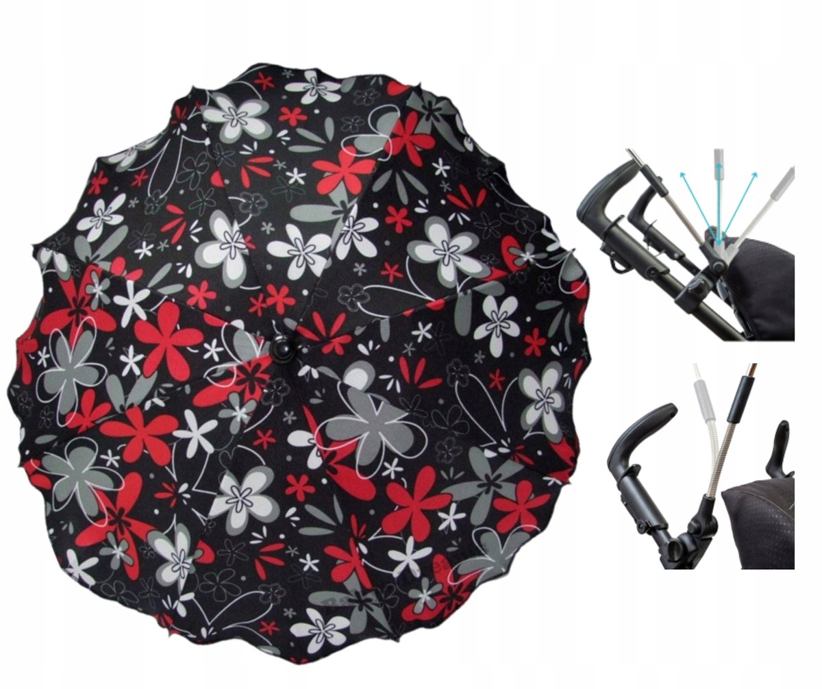 Zwarte-rode kinderwagen parasol UV50+, 75cm, verstelbaar