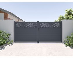 Vente-unique Draaipoort in aluminium met motieven - Halfopengewerkt - L305 x H182 cm - Antraciet - BAZIO