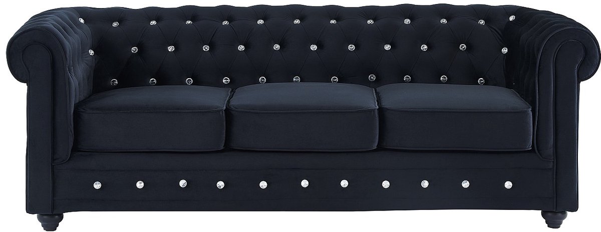 Vente-unique Driezitsbank en fauteuil CHESTERFIELD - velours - zwart met kristallen knopen