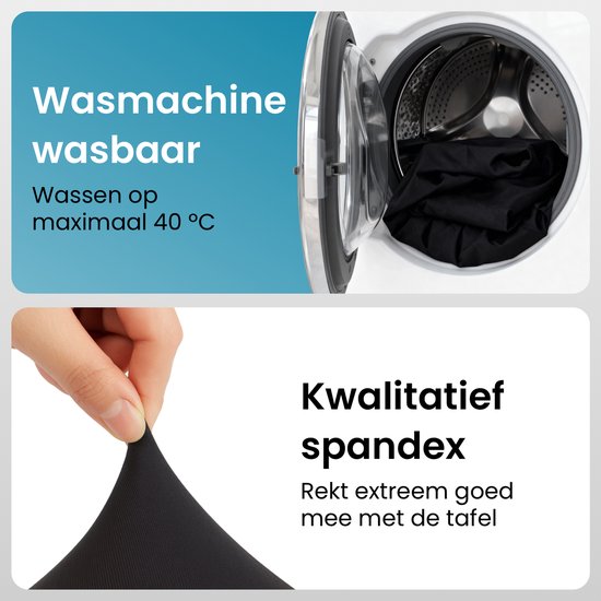 Zwarte spandex stof wordt uitgerekt. Een wasmachine toont een zwarte was.