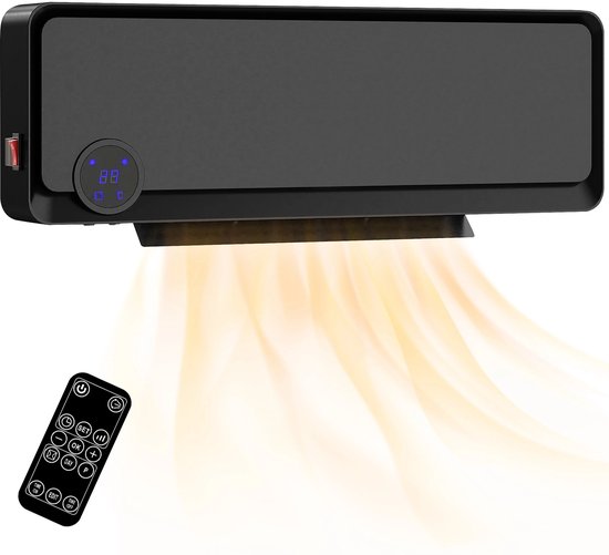 Novendo Goods – Elektrische Wandverwarmer 1000/2000W met LED-Display - IPX2, timer & afstandsbediening – Keramische kachel voor badkamer, slaapkamer & thuisgebruik