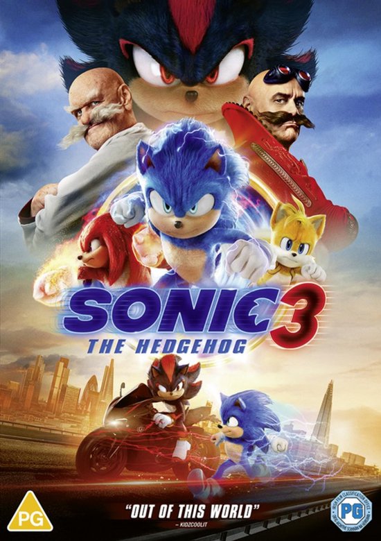 Filmcover Sonic the Hedgehog 3 met Sonic, Shadow, Tails en Dr. Robotnik. Sonic rijdt op een motor.