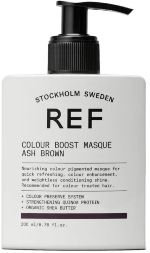 Witte pompflacon met REF Colour Boost Masque Ash Brown. Bruine lijn onderaan.