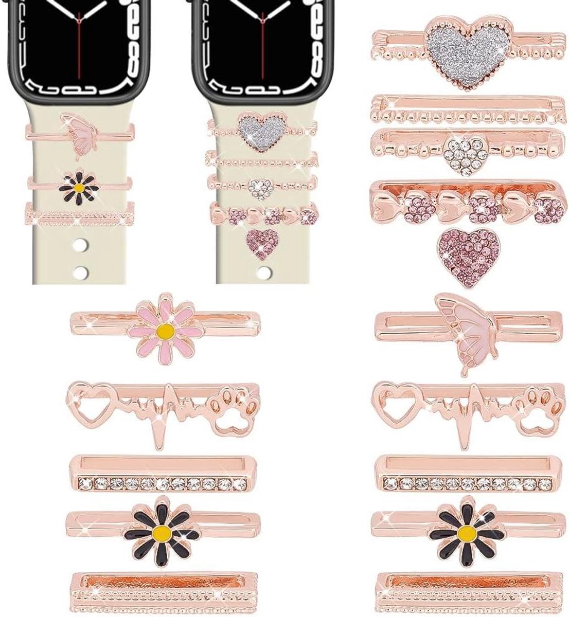 15 stuks horlogebandbedels in rosé goud - 15 stijlen decoratieve ringen met kristal strass voor vrouwen - horlogeband ornament met hart, vlinder en rechthoekige lussen