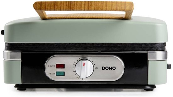 Dichtbij bedieningspaneel van de groene DOMO wafelijzer.