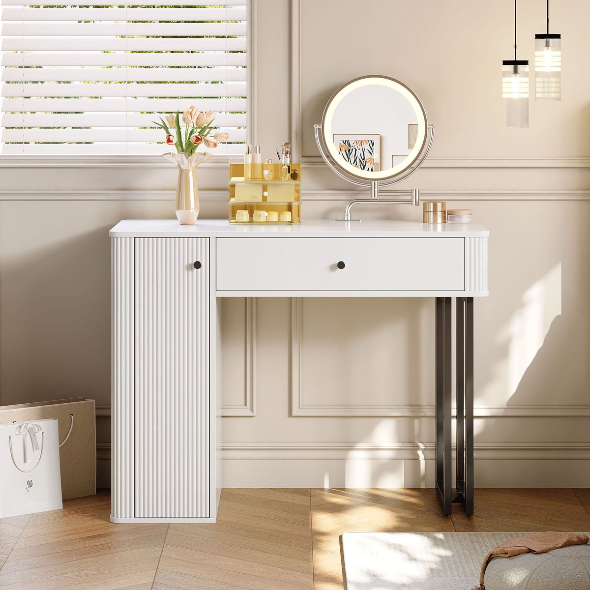 Make-uptafel, make-upset met LED-spiegel, 1 lade, 1 deur, 3-kleurige LED-verlichting, afmetingen: B100×H116×D40cm (zonder krukje)