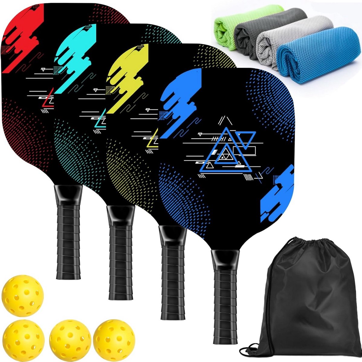 Pickleball Set met 4 Houten Peddels, 4 Handdoeken en Draagtas - Complete Set voor Mannen en Vrouwen
