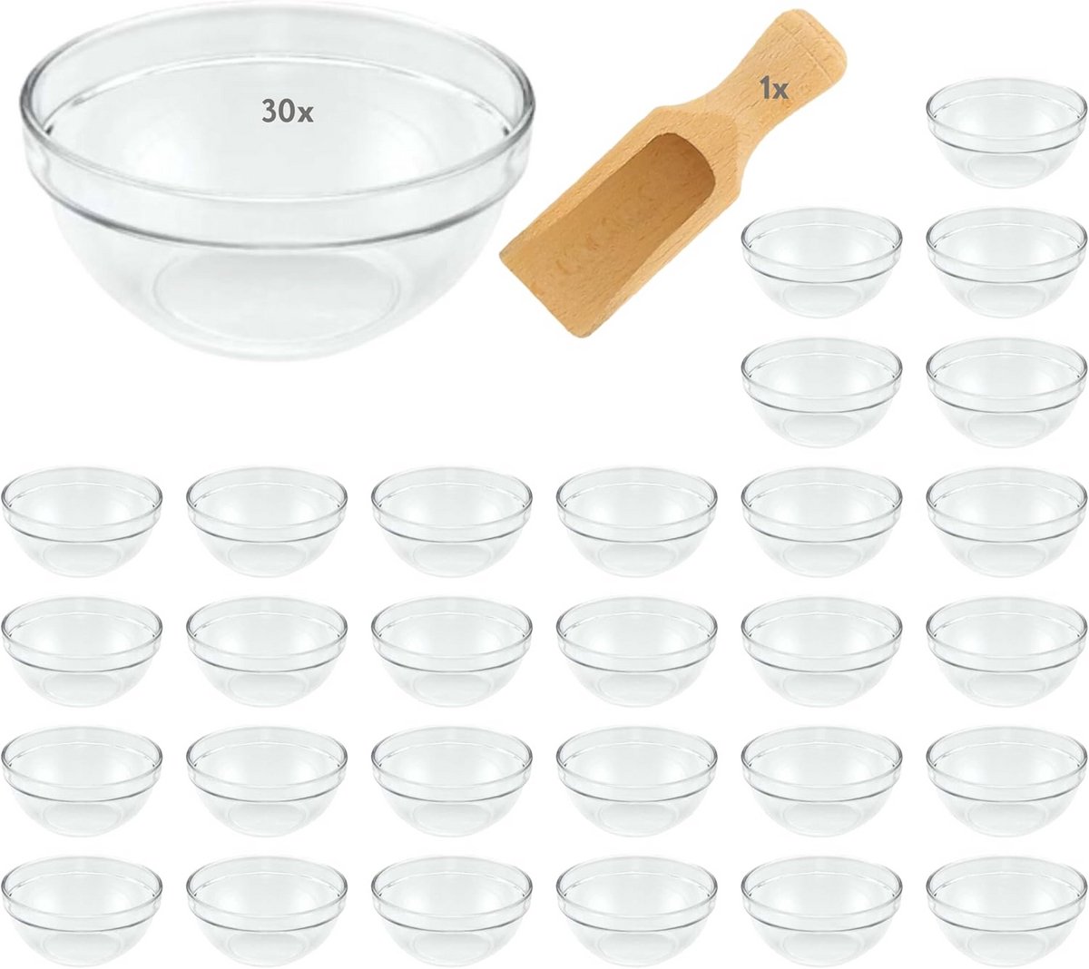 Set van 30 Kleine Glazen Kommetjes met Houten Lepeltje voor Dips, Jam en Tapas