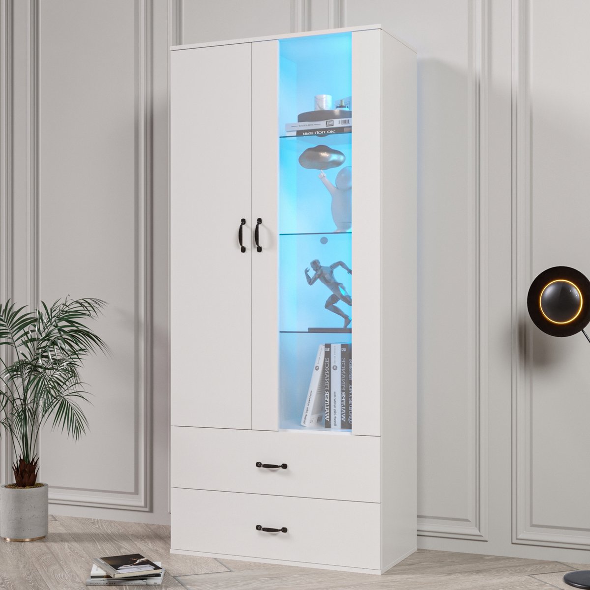 STILVORA Vitrinekast - 16 Kleuren LED Met Bluetooth En Afstandsbediening - 2 Deuren (Acryl+Glas) - Spaanplaat - 59,5x35x182 cm - Wit