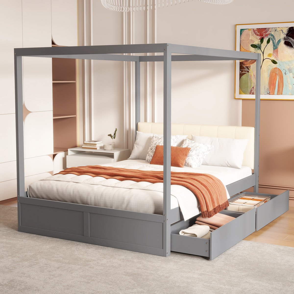 STILVORA Houten Bed 140x200 cm – Tentstructuur Met Muskietennet – Gepolsterd Hoofdeinde & 2 Lades – Hout – Grijs – Zonder Matras