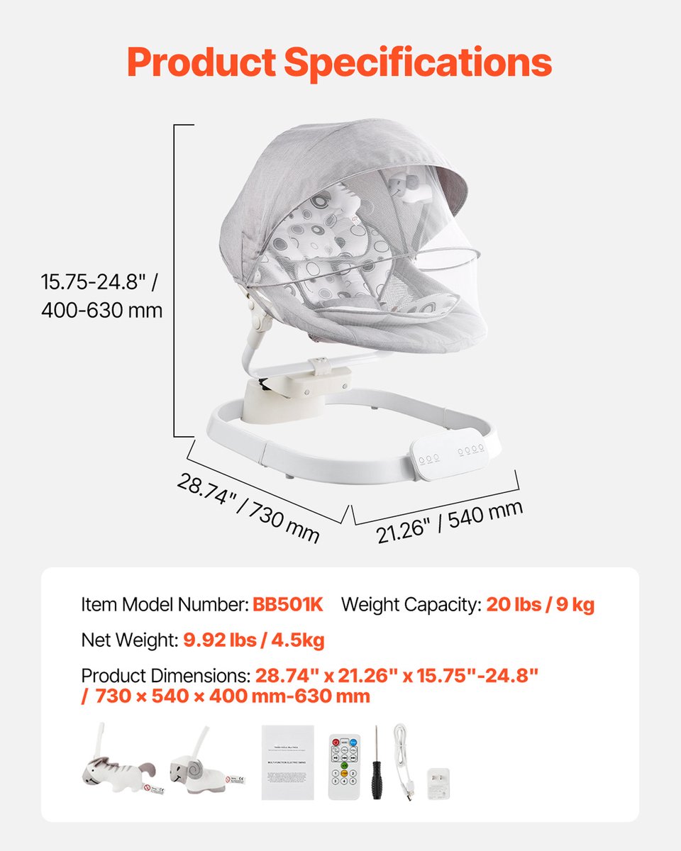 Draagbare babyschommel met instelbare snelheden, meerdere zitposities, touchscreen, afstandsbediening, Bluetooth en 10 slaapliedjes voor baby's van 0-9 maanden, geschikt voor maximaal 9 kg.