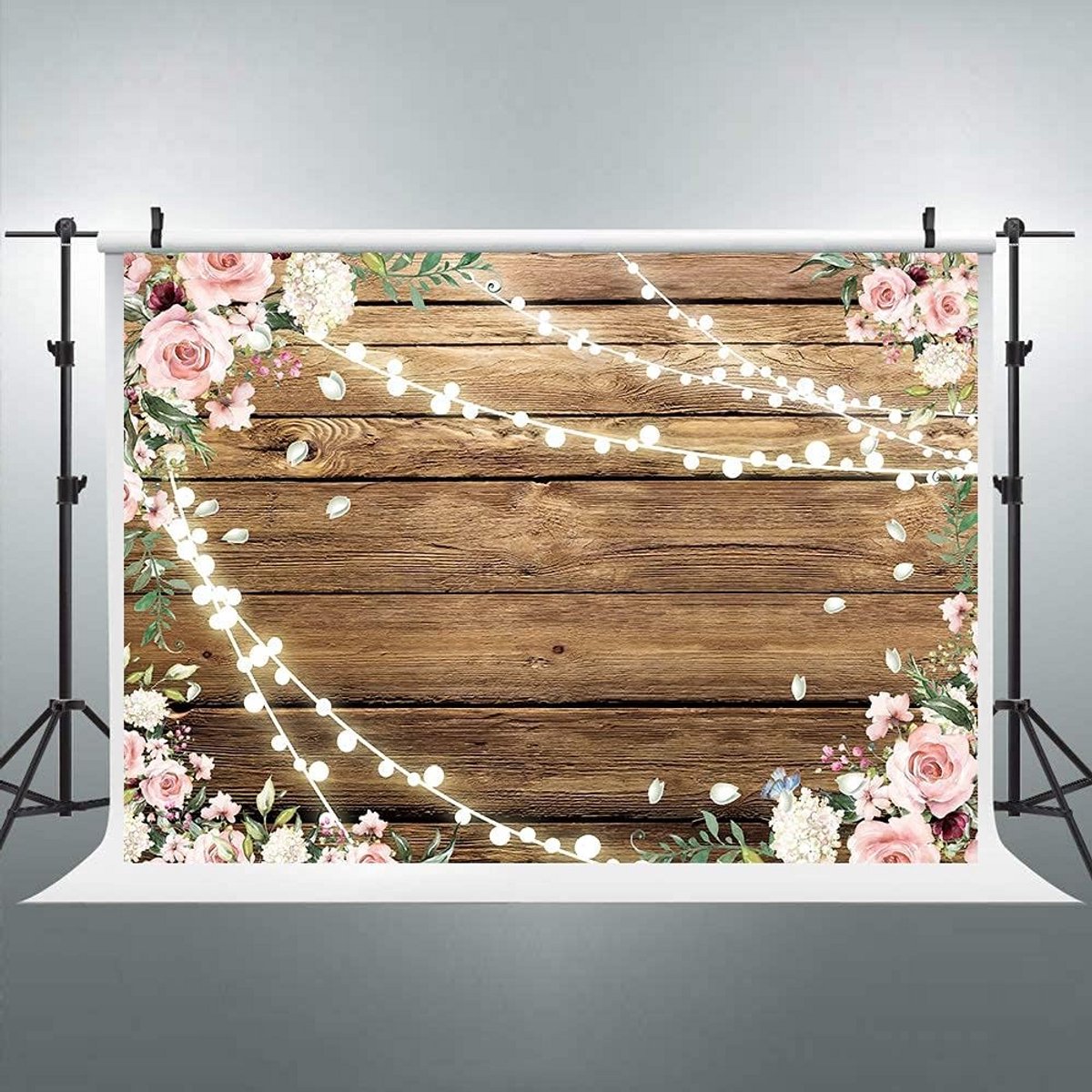 Fotografie Achtergrond Rustiek Hout Roze Bloemen Licht Effect 150x90cm Vinyl