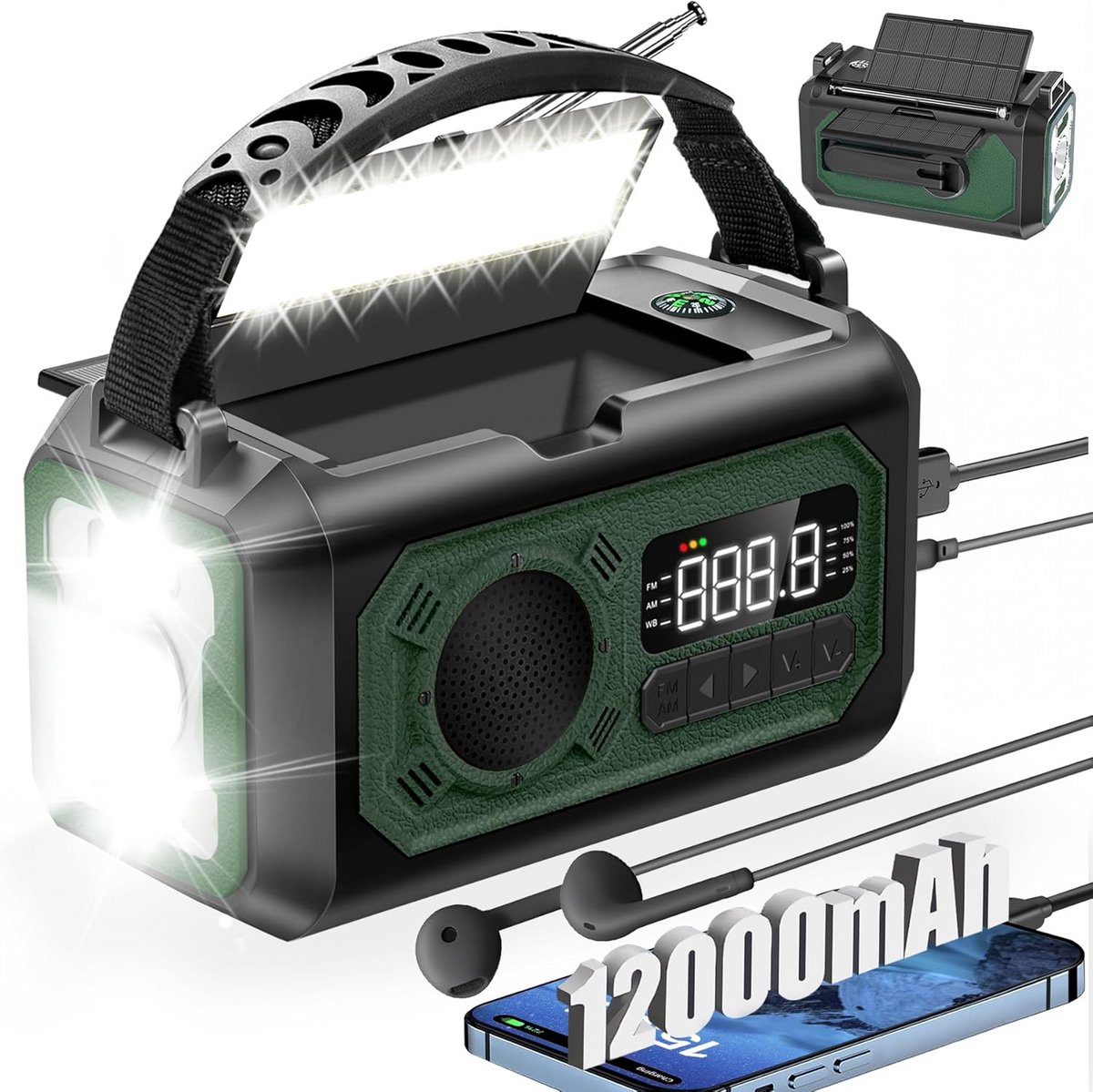 Draagbare Noodradio 12000mAh met Oplaadopties: Zon, Hand Crank & USB - AM/FM/NOAA Weerwaarschuwingen