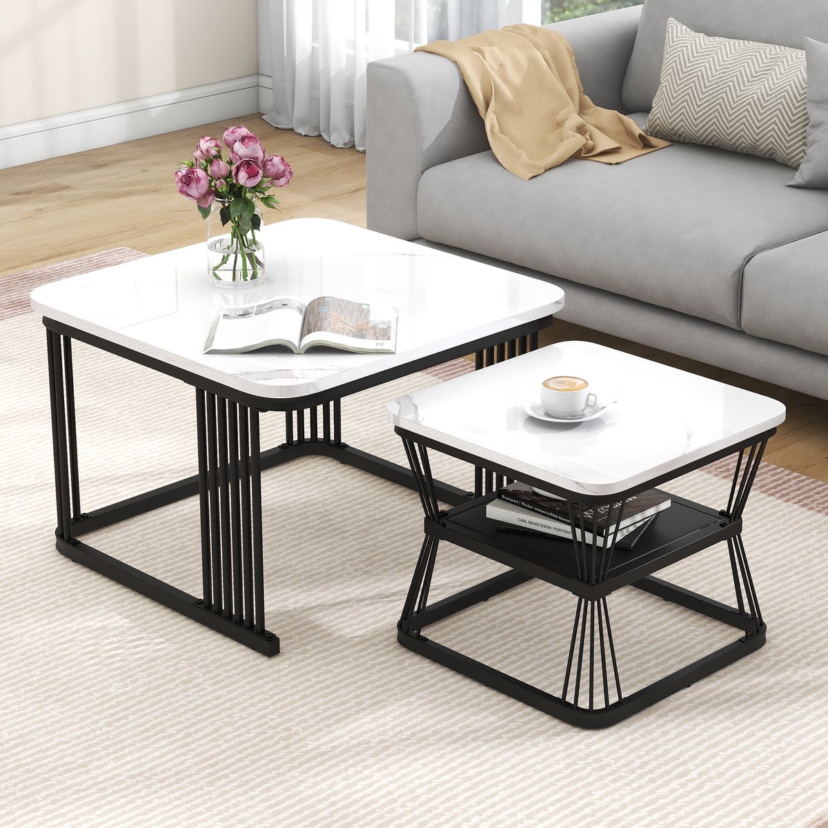 STILVORA Salontafel - 2-Delige Set Hoogglans Marmerlook Met Mat Zwarte Stalen Poten - Voor Woonkamer - MDF - 65x65x45 & 45x45x39,5 Cm - Wit