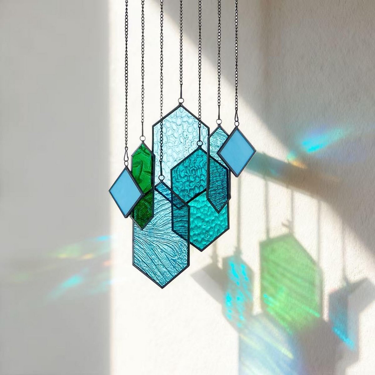 Modern Glas-in-lood Raamdecoratie Blauwgroen Hangend Kunstwerk voor Wonen