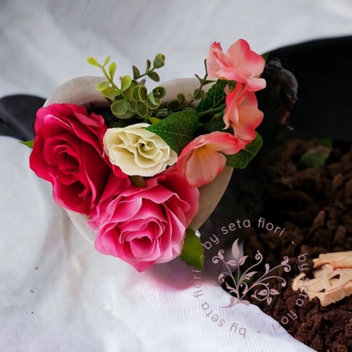Seta Fiori Kunstbloemen - hartvorm - roosjes - 16cm roze