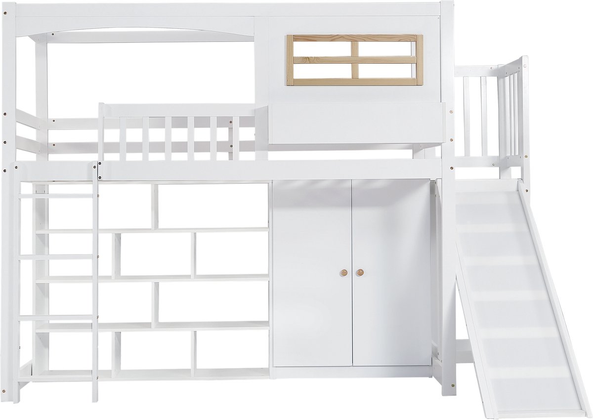 REDOM Stapelbed 90x200 cm – Wit/naturel – Met glijbaan, kast & opbergruimte – Massief hout – EN-747