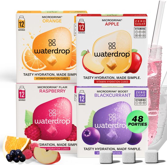 waterdrop® Microdrink Bestseller set – 48 Bruistabletten voor water in 4 Smaken - Appel, Sinaasappel, Framboos & Cassis – Suikervrij, Met Vitamine B6, B12 & C, Vegan & Glutenvrij – Minder Plastic, Meer Smaa