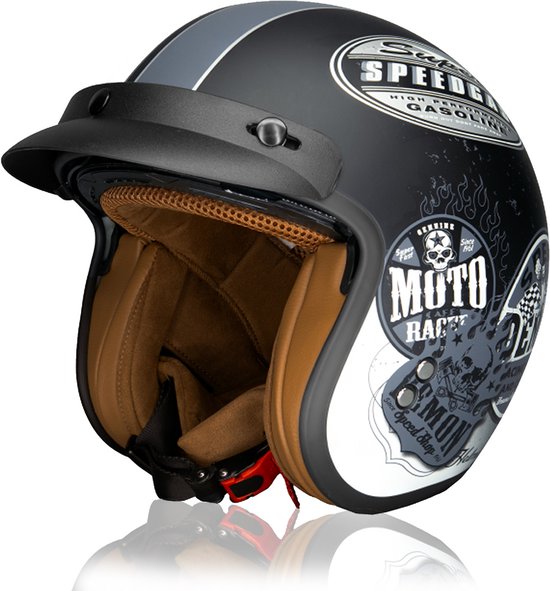 HSWHEEL Jethelm met UV-beschermend Vizier | Wasbaar & Verstelbaar | Scooterhelm & Motorhelm & Brommerhelm | Voor Heren & Dames | ECE 22.06 Goedgekeurd | Vintage Stijl | Mat grijs met vintage print – XXL