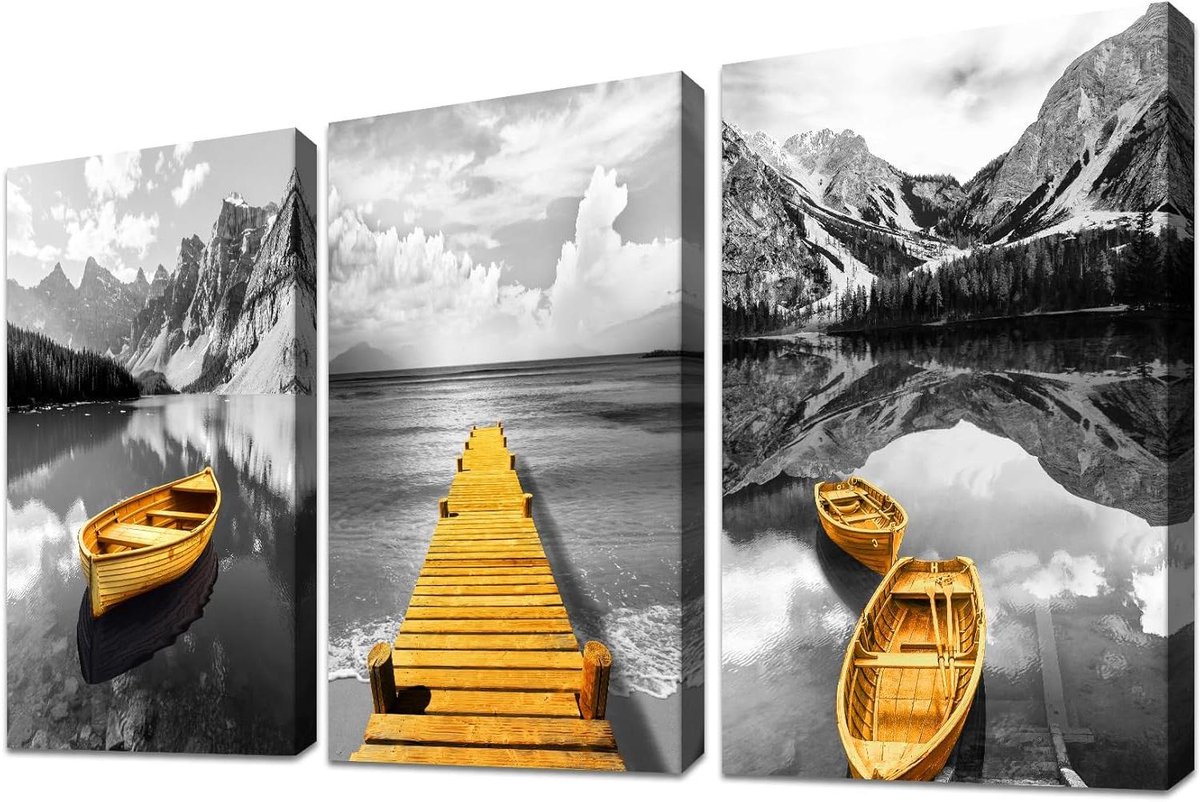 Provento - Houten ingelijst canvas muurkunst met bergen - Grijs Goud - Boot schilderij - Woonkamer Decoratie - 120 x 60 cm