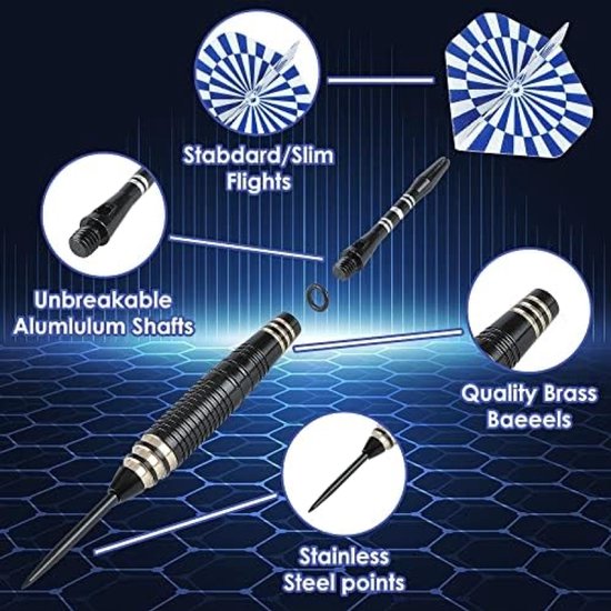 Stalen Darts – Professionele Steel Tip Darts – Dartpijlen – 24g Darts Set – Met Aluminium Shafts – Dart Flights – Rubber O-Rings – Flight Protectors – Dartslijper – Gereedschap – Complete Dartset – Voor Dartbord – Beginners en Gevorderden — afbeelding 3