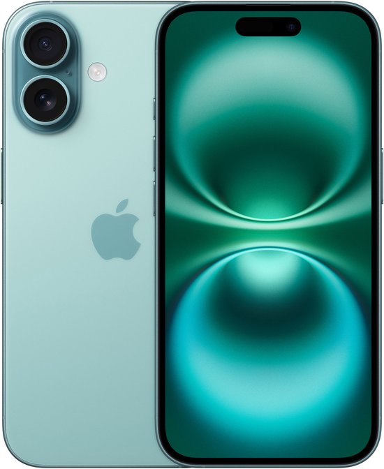 Lichtgroene iPhone met dubbele camera naast een telefoon met groen scherm.