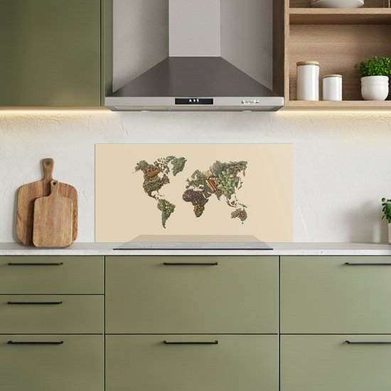Spatscherm 90x45 cm - Zelfklevende achterwand Wereldkaart - Kruiden - Kleurrijk - Keuken muurbeschermer - Spatwand fornuis