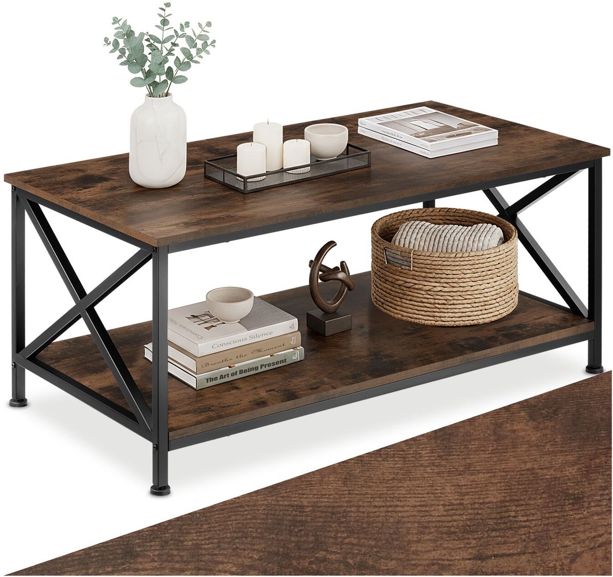 tectake® Salontafel met 2 planken - Woonkamertafel - Industrieel design - Zwart metalen frame - Afmetingen (LxBxH) 100 x 55 x 45,5 cm - Donkerbruin