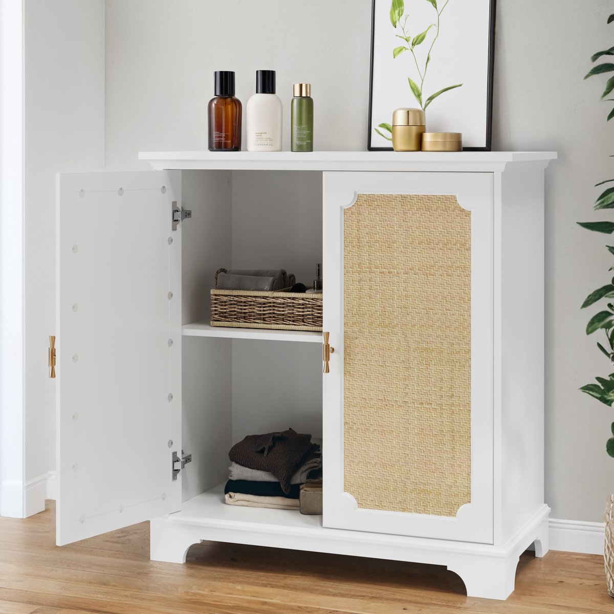 Wishdor Dressoir Met Rotan Deuren - Verstelbare Legplank - Antikantelband - MDF En Spaanplaat - Wit - 80 X 38 X 86 Cm