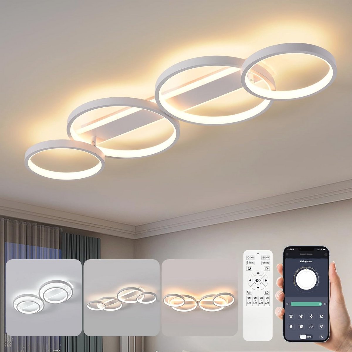Dimbare LED Plafondlamp met Afstandsbediening en APP, Verstelbare Ringvormige Kroonluchterlamp voor Slaapkamer en Woonkamer, 48W 3000-6500K