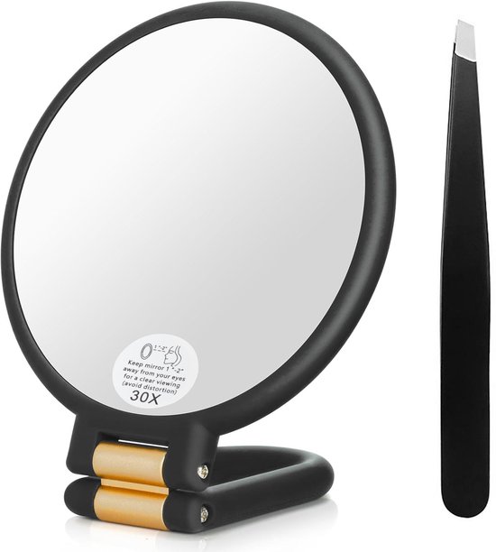 Miroir grossissant pliable YONO - Grossissement x30 - Mini miroir de maquillage - Miroir de poche - Miroir de voyage avec Brucelles et épilateur - Zwart