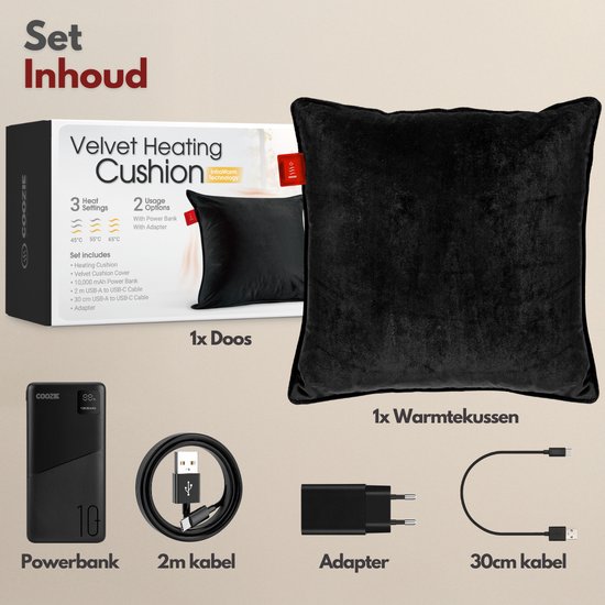 De setinhoud toont een zwart fluwelen verwarmingskussen, powerbank, 2m kabel, adapter en 30cm kabel.