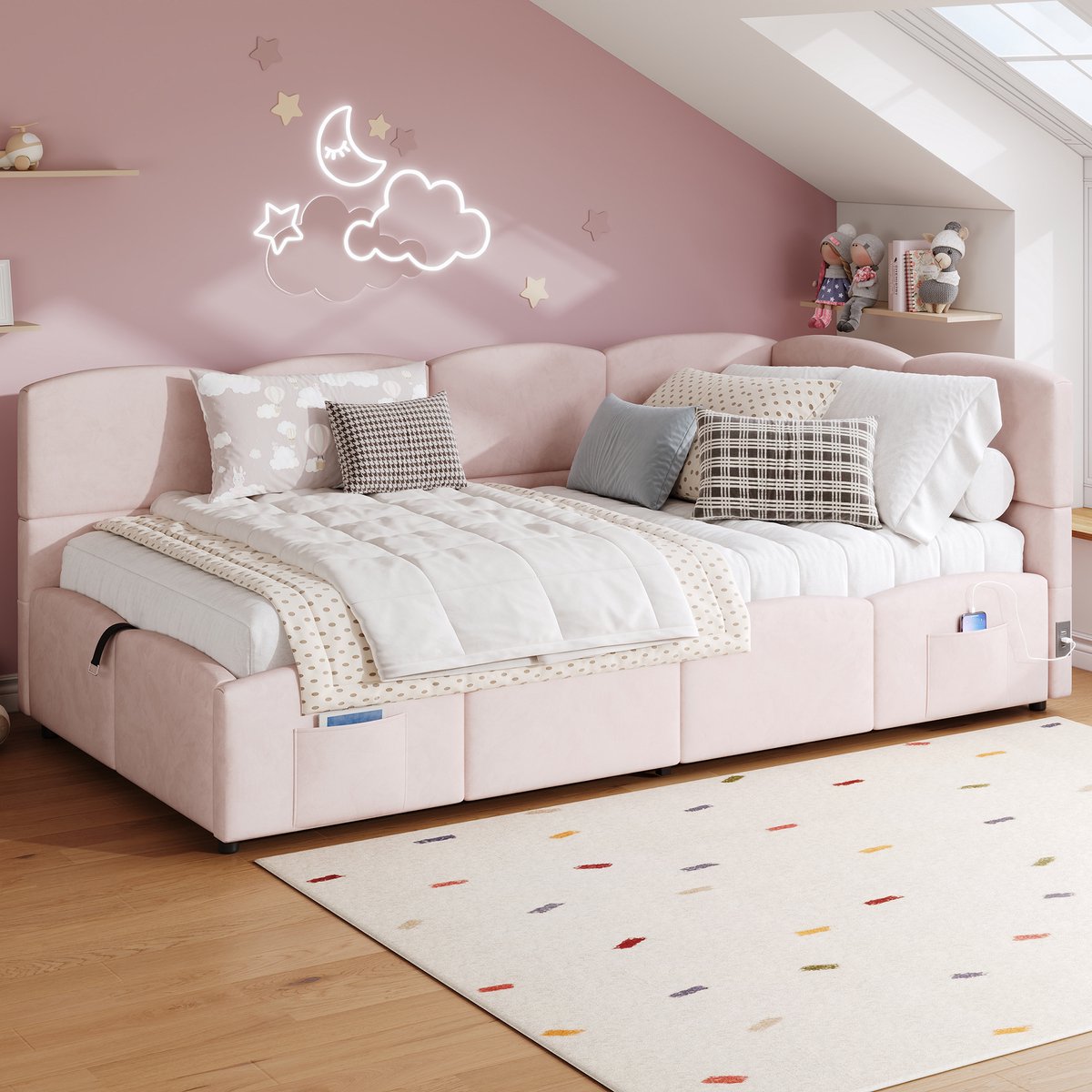 MODFU Bed 90x200 cm – Fluweel roze met hydraulische opbergruimte – Ingebouwde matrasstructuur – USB-A & USB-C