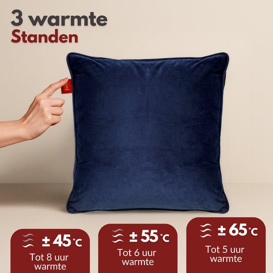 Donkerblauw fluwelen warmtekussen met 3 warmtestanden: tot 45°C, 55°C, 65°C.