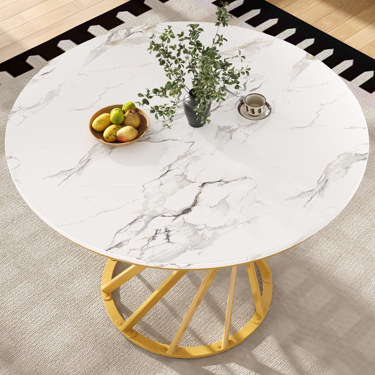 MODFU Eettafel 80×80×76 cm MDF marmerlook met gouden metalen poten – compact, stabiel & ve