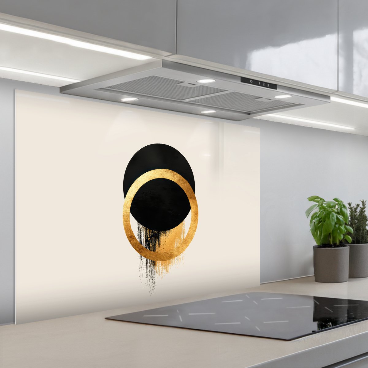Spatscherm 80x55 cm - Zelfklevende achterwand Abstract ontwerp - Zwarte cirkel - Verfvlekken - Keuken muurbeschermer - Spatwand fornuis