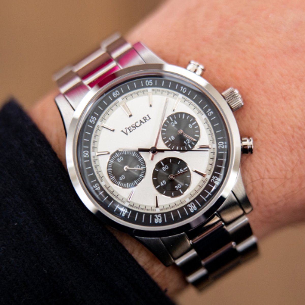 Heren Polshorloge - Vescari - Chronograaf - zilveren wijzerplaat - Saffier Glas - Limited Edition - Panda - Ø 40 mm