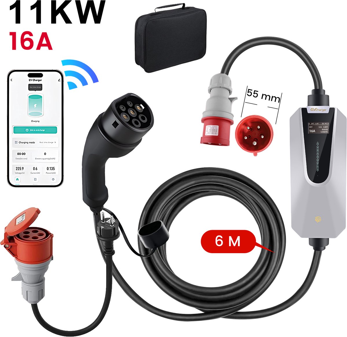 Hexinex Draagbare 11kW 3-Fase EV Laadkabel - APP-besturing
