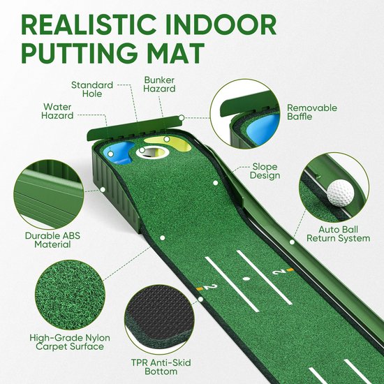 Novendo Goods - Putting mat – Indoor golf mat met automatische balretour - Uitlijningsgeleider en antislip onderzijde – Putting training voor thuis of op kantoor van Novendo Goods — afbeelding 4
