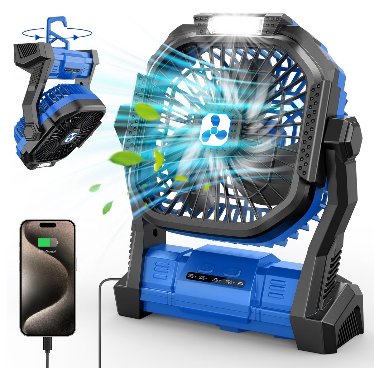 Unyqoos® Draagbare oplaadbare ventilator met LED-lamp voor kamperen en reizen