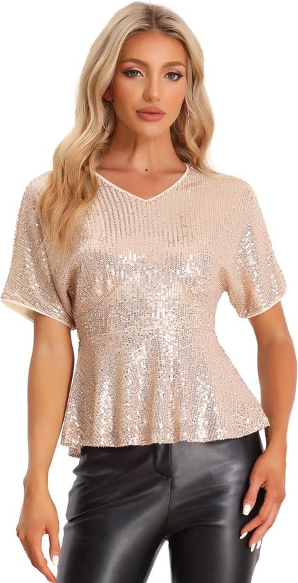 Eamber - Chemisier femme à sequins, manches courtes, col en V et fermeture éclair - Décontracté et élégant avec un ourlet à volants.