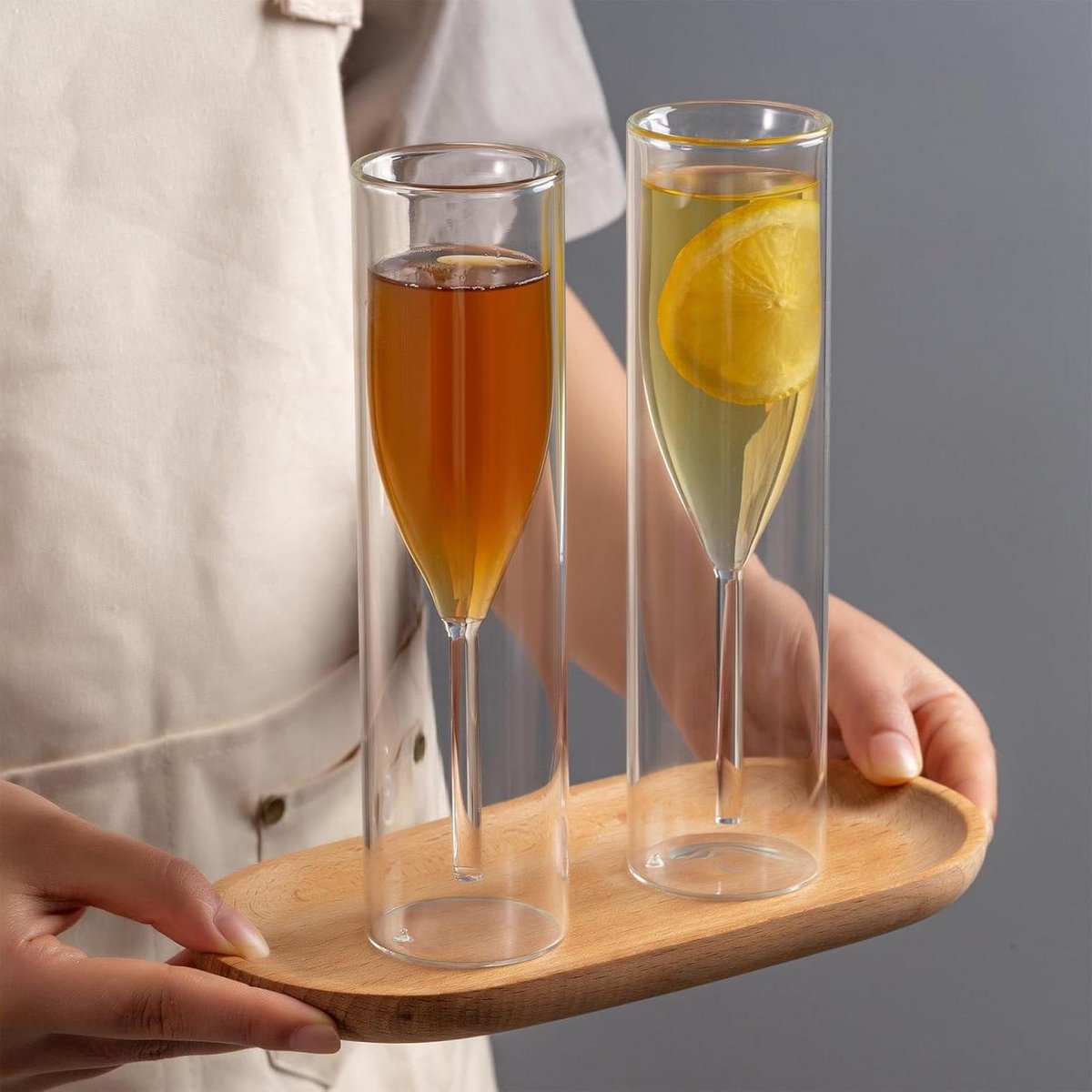 Provento - Dubbelwandige kristallen champagnefluitglazen voor catering, bruiloften, feesten - Tulpvormige steelloze hoge glazen (2 stuks)