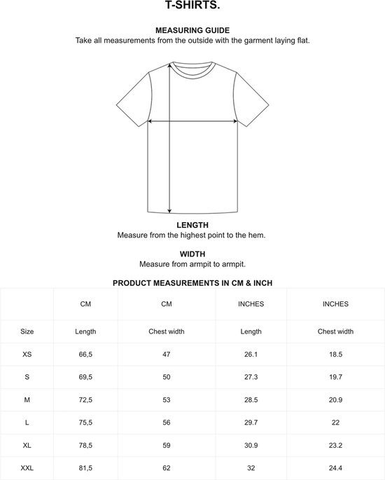 Maattabel voor t-shirts met instructies voor lengte- en breedtemetingen in cm en inch.