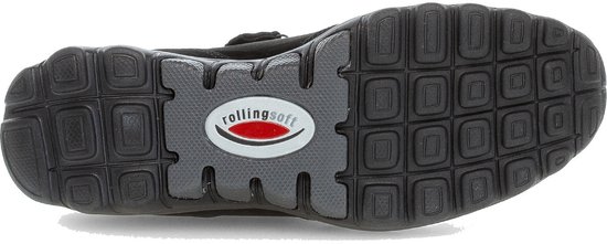 Zool van een zwarte Gabor dames sneaker met 'rollingsoft' logo.
