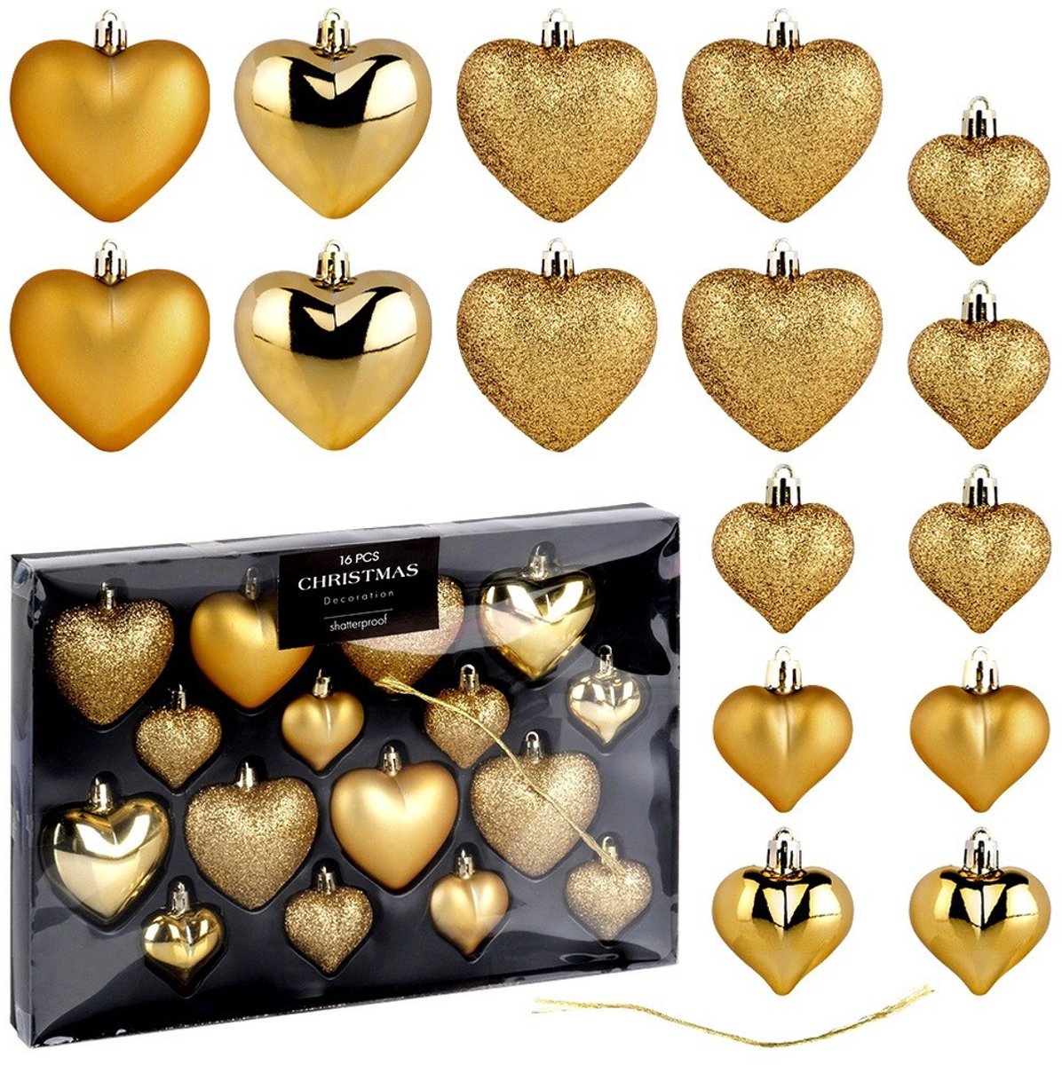 Vilde - Hartjes Kerstboom Ballen - Niet-Glas - Goud - 6,5 cm en 4,5 cm