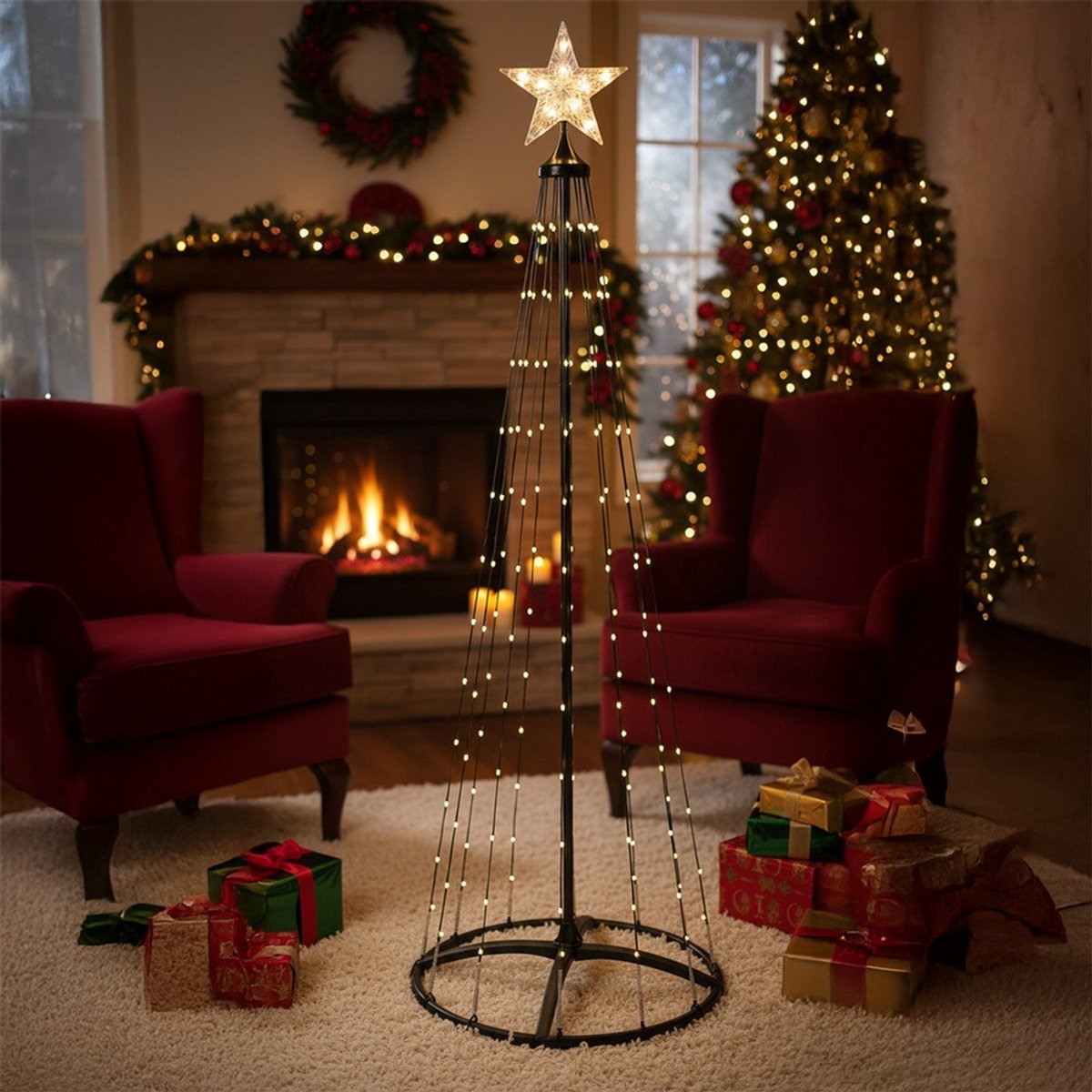 ECD Germany LED kerstboom 210 cm voor buiten 370 warm witte LED lampjes dimbaar met timer 9 lichtstanden met afstandsbediening ster metalen lichtpiramide weerbestendig tuin kerstdecoratie kegelvormige lichtboom kerstverlichting feestdecoratie – foto 2