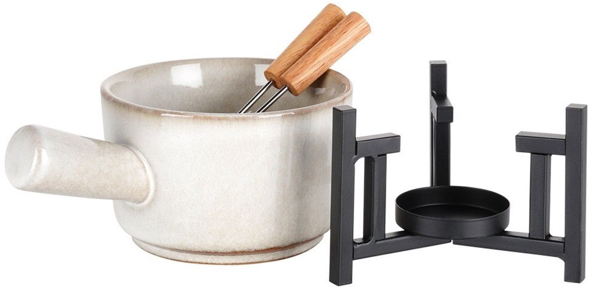 Excellent Houseware Kaasfondue setje met houder - porselein - beige/zwart - incl. 2 vorken – foto 3