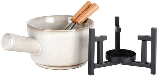 Excellent Houseware Kaasfondue setje met houder - porselein - beige/zwart - incl. 2 vorken van Excellent Houseware. — afbeelding 3