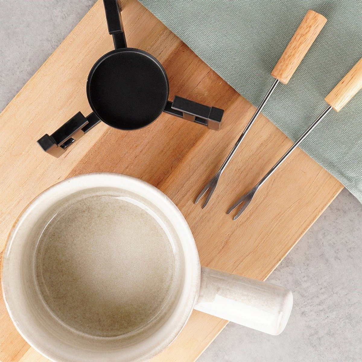 Excellent Houseware Kaasfondue setje met houder - porselein - beige/zwart - incl. 2 vorken – foto 5