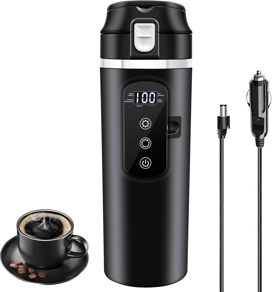 Draadloze waterkoker - DC 12V/24V - Elektrische reiswaterkoker - Verwarmde beker voor in de auto - Met lekvrije deksel - Binnenvoering van roestvrij staal - Draagbaar - Instelbare temperatuurregeling tot 100℃